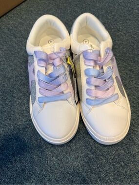 White Sneakers with Pastel Purple and Blue Laces